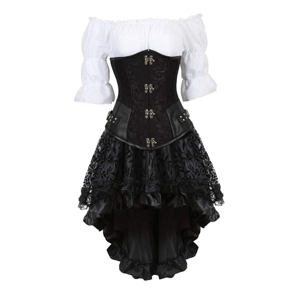 Grebrafan Steampunk Blouse, Waist Cincher Corset and Skirt 3 Piece Set Women 2XL Black