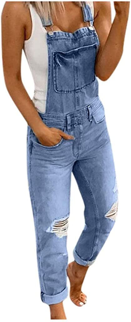 Classic Distressed Denim Overalls Womens Casual Destroyed Ripped Jeans Jumpsuits Bibs Jean Pants with Pockets 