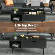 edx Wooden Lift Top Coffee Table with Hidden Compartments and Adjustable Shelves - Ideal for Small Homes, Apartments, Reception Rooms, Black Grain