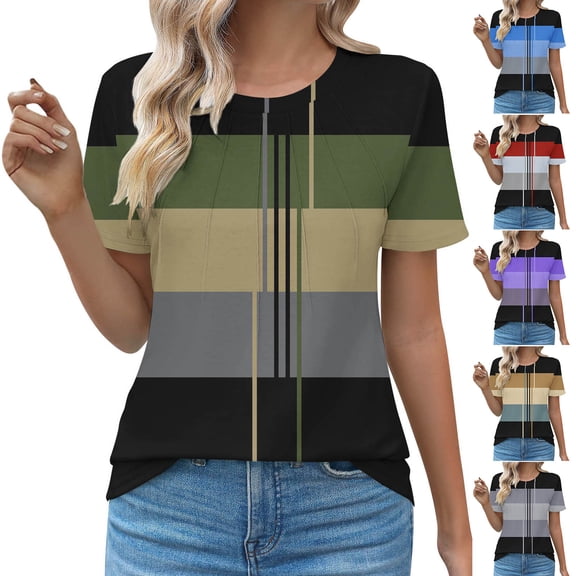 Bixock Women's Casual Crew Neck T-Shirts,Color Blocking Crew Neck Tops,Random 2 Tone Print Ruched Pullover Shirt Soft Stretchable Daily Leisure Tops