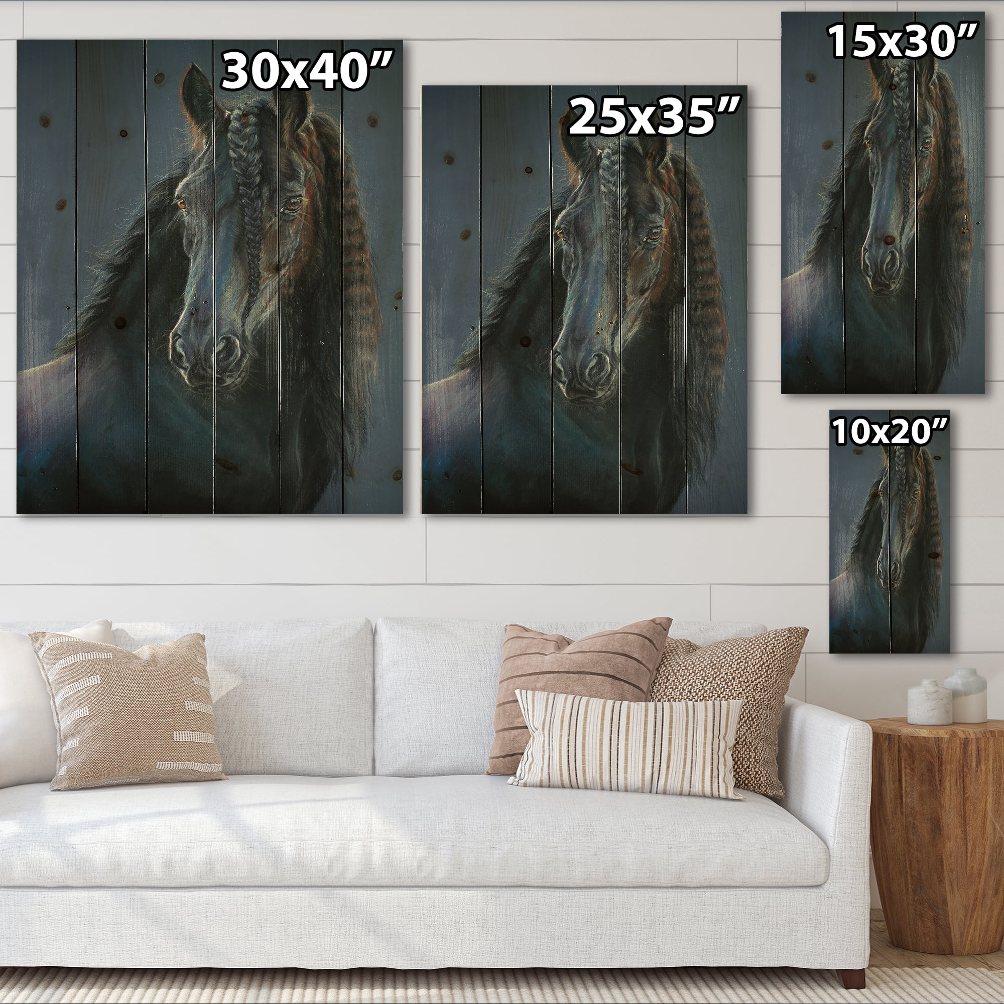 Designart 'Frisian Black Horse Portrait' Farmhouse Print on Natural Pine Wood