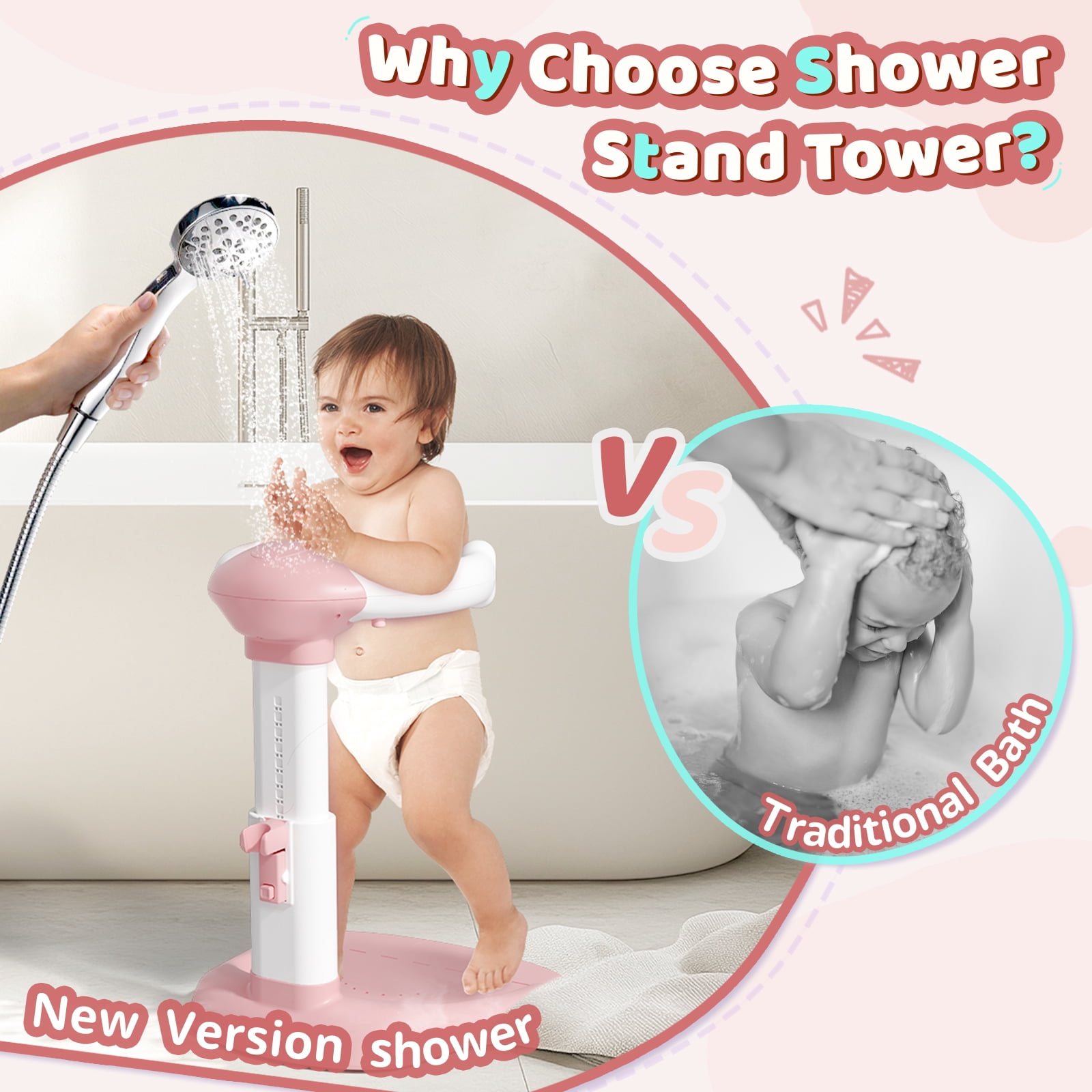 COOSEYA Baby Bath with Shower Stand Support, Anti-Pinch Soporte para Bañera de Bebé Adjustable Shower Tower and Anti-Slip for Toddler Standing Up Themselves(Pink)