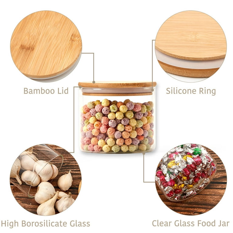 Flrolove Glass Food Storage Containers Set,Airtight Food Jars with Bamboo  Wooden Lids - Set of 5 Kitchen Canisters For Sugar,Candy, Cookie, Rice and