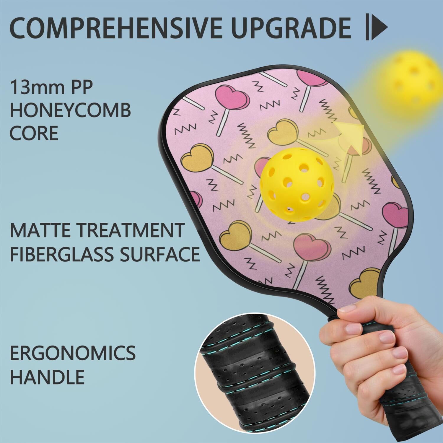 Pickleball Paddles Set Of 1, Fiberglass Surface, Sweet Candy Print, 1 Paddle, 2 Balls & Bag
