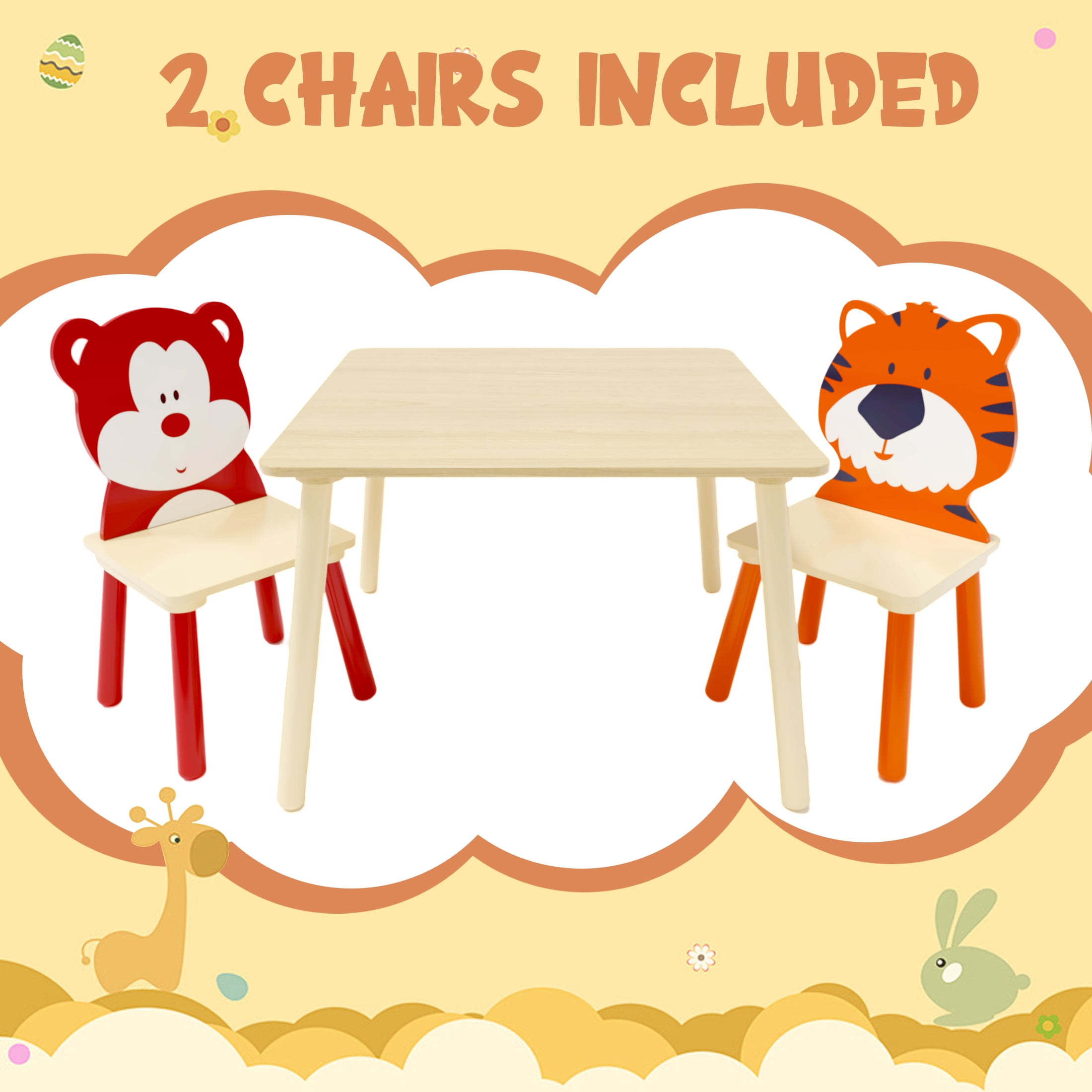 Aukfa Kids Table and Chairs Set, Wooden Play Table with 2 Cartoon Chairs for Toddlers, Girls, Boys