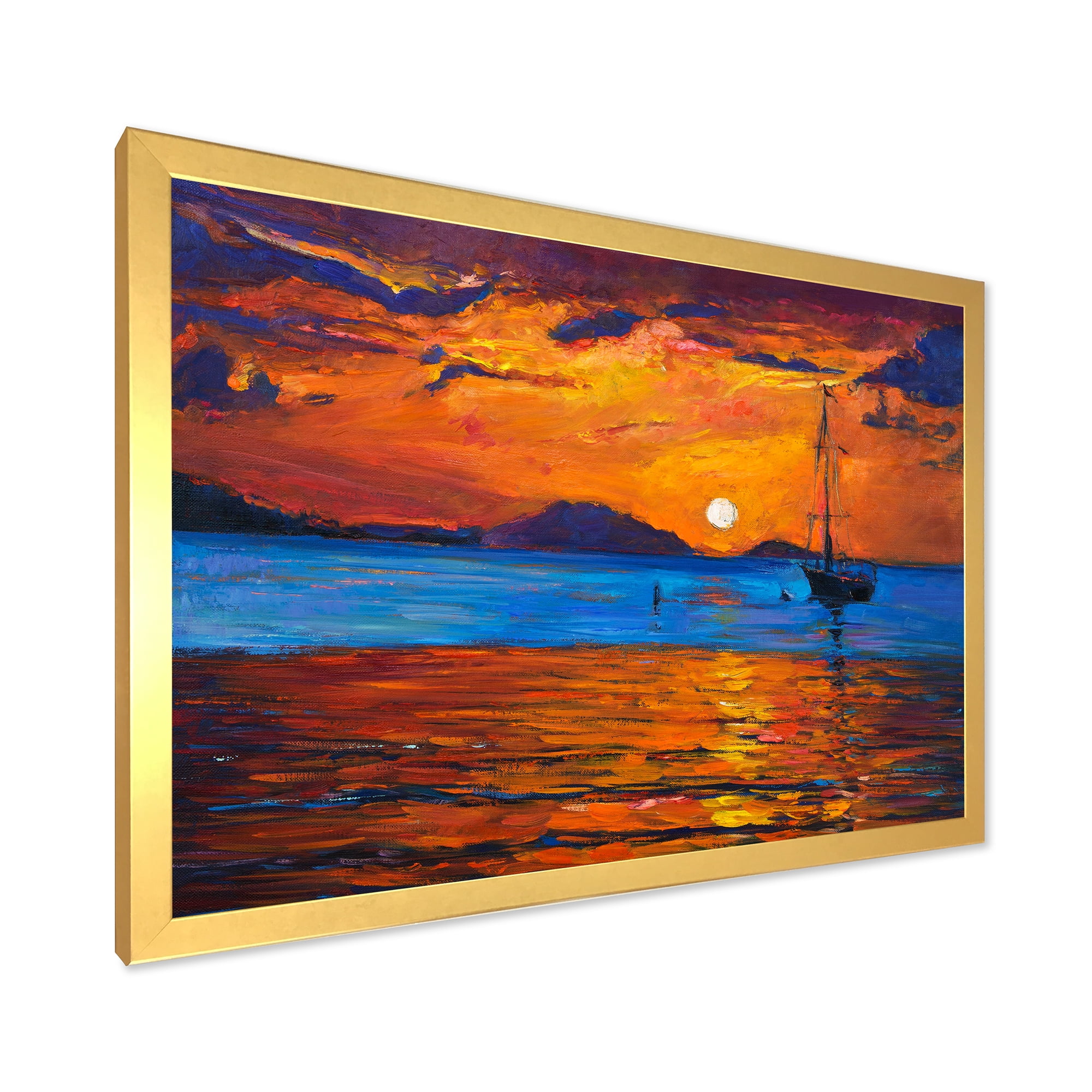 Boat At The Lake During Evening Glow IX 20 in x 12 in Framed Painting Canvas Art Print, by Designart