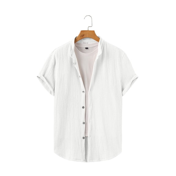 LODIENY Summer Short Sleeve Cotton Linen Shirts for Men Casual Button Down Band Neck Shirts Lightweight Beach Vacation Tops White M