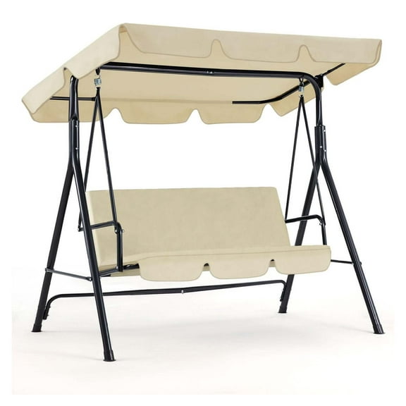 AetherLove Outdoor Patio Swing Chair for Adults, 3-Seat Porch Swings with Adjustable Canopy, Outside Swing Bench with Removable Cushion, Suitable for Backyard, Garden, Yard, Poolside, Balcony,Beige
