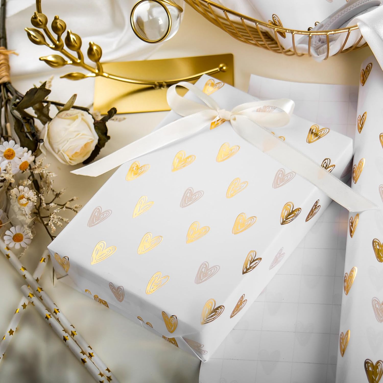 HOMERAL Foil Hearts Wrapping Paper Roll - 17in x 33ft photo 7