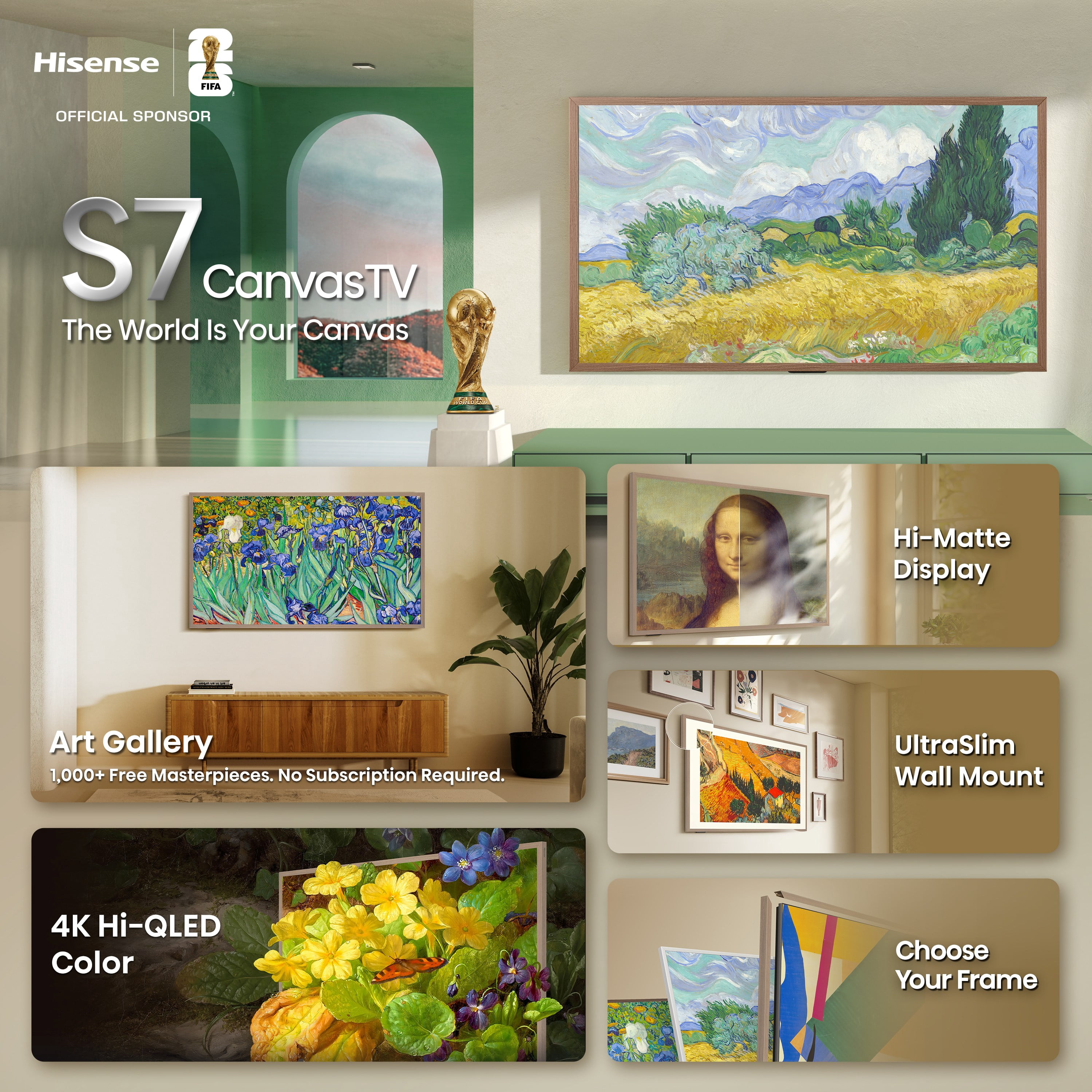Hisense 50" S7 CanvasTV Series 4K Hi - QLED UHD Google Smart Art TV (50S7SG, 2026 New) - 144Hz, Art Mode, Anti-Glare Panel, Dolby Vision HDR, Hi-Matte Display, Frame & UltraSlim Wall Mount Included