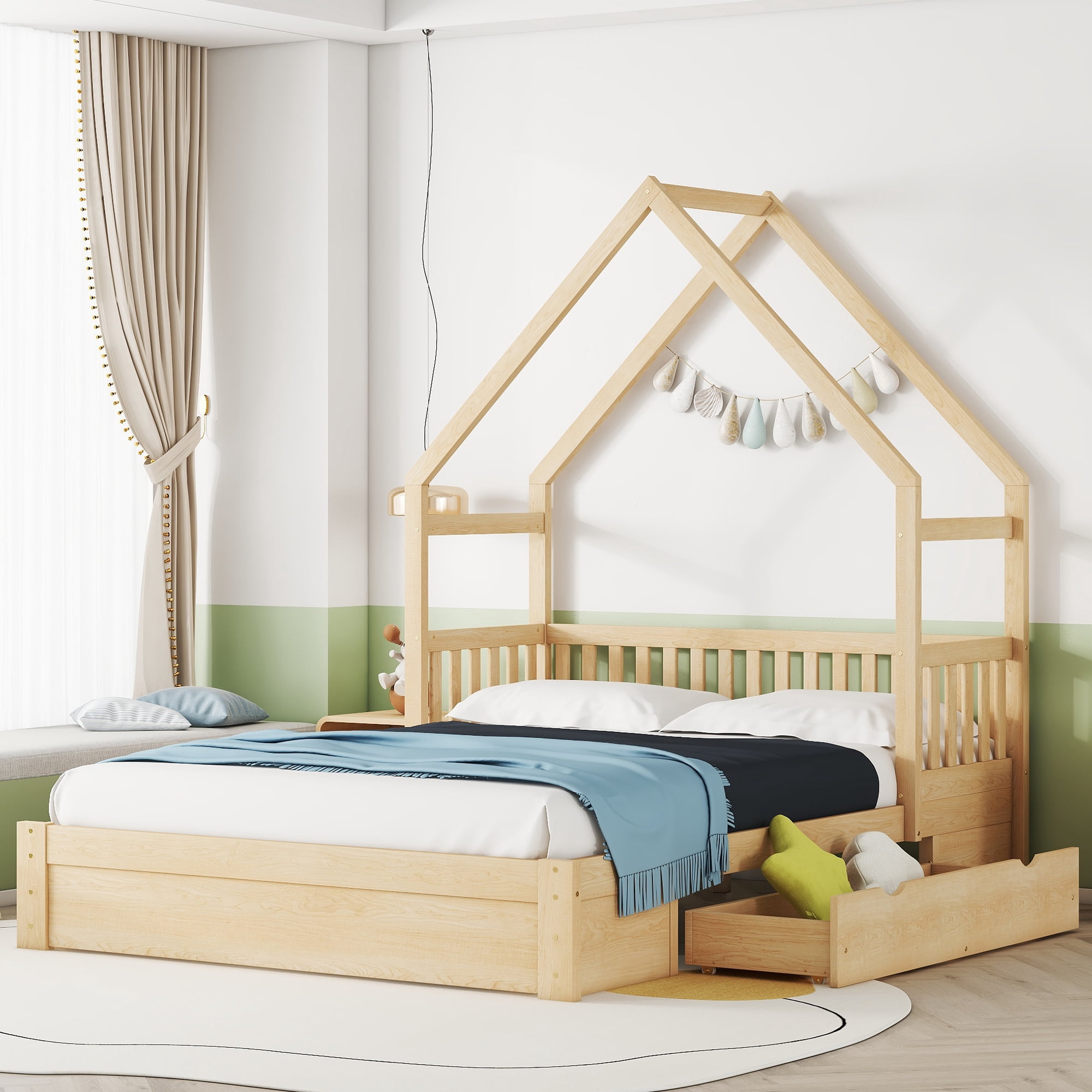 Sailvan Queen Wood House Platform Bed with Guardrail and 2 Storage Drawers Natural