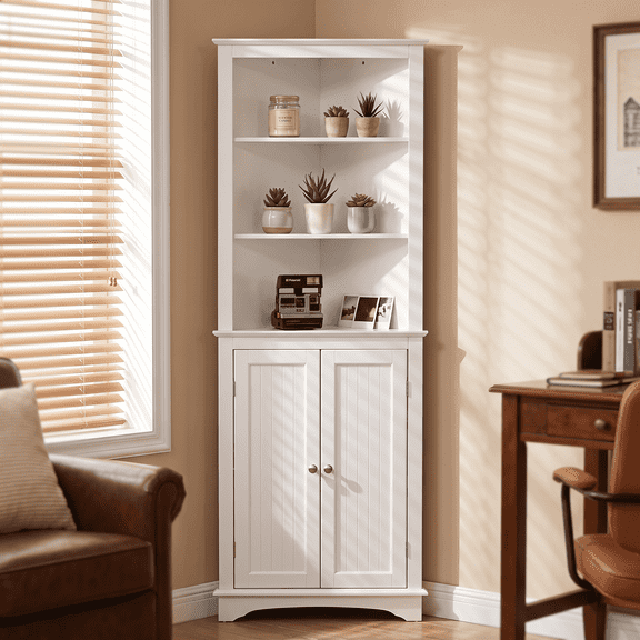PAWON Tall Corner Cabinet with Double Doors, Freestanding Bathroom Storage Organizer, White