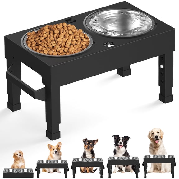 Surprizo Elevated Dog Bowls, 5 Height Adjustable Raised Feeder with 2 Stainless Steel Bowls, Foldable Anti-Slip Stand, Black