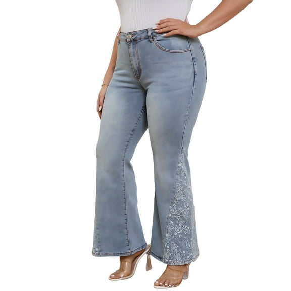VipHoney High Waist Flare Cut Embroidered Panels Jeans Women's Plus Size