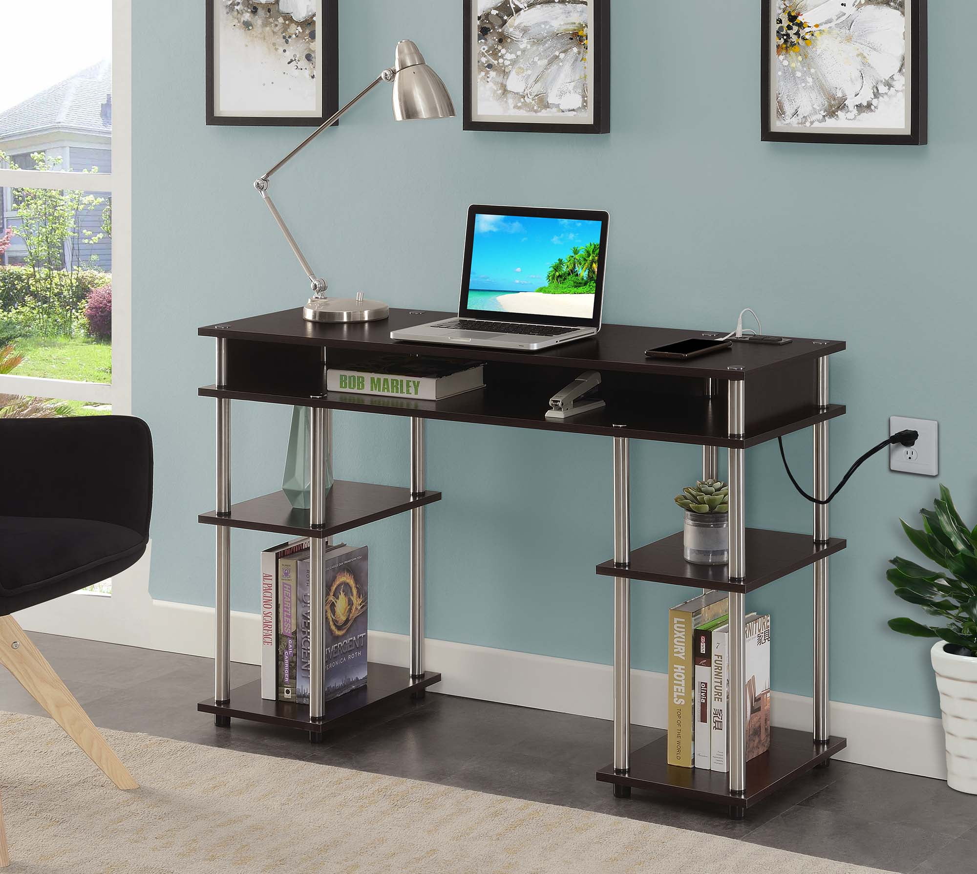 Navy Blue Mainstays Garrett Basic Metal Office Student Desk With 2 Side Shelves 