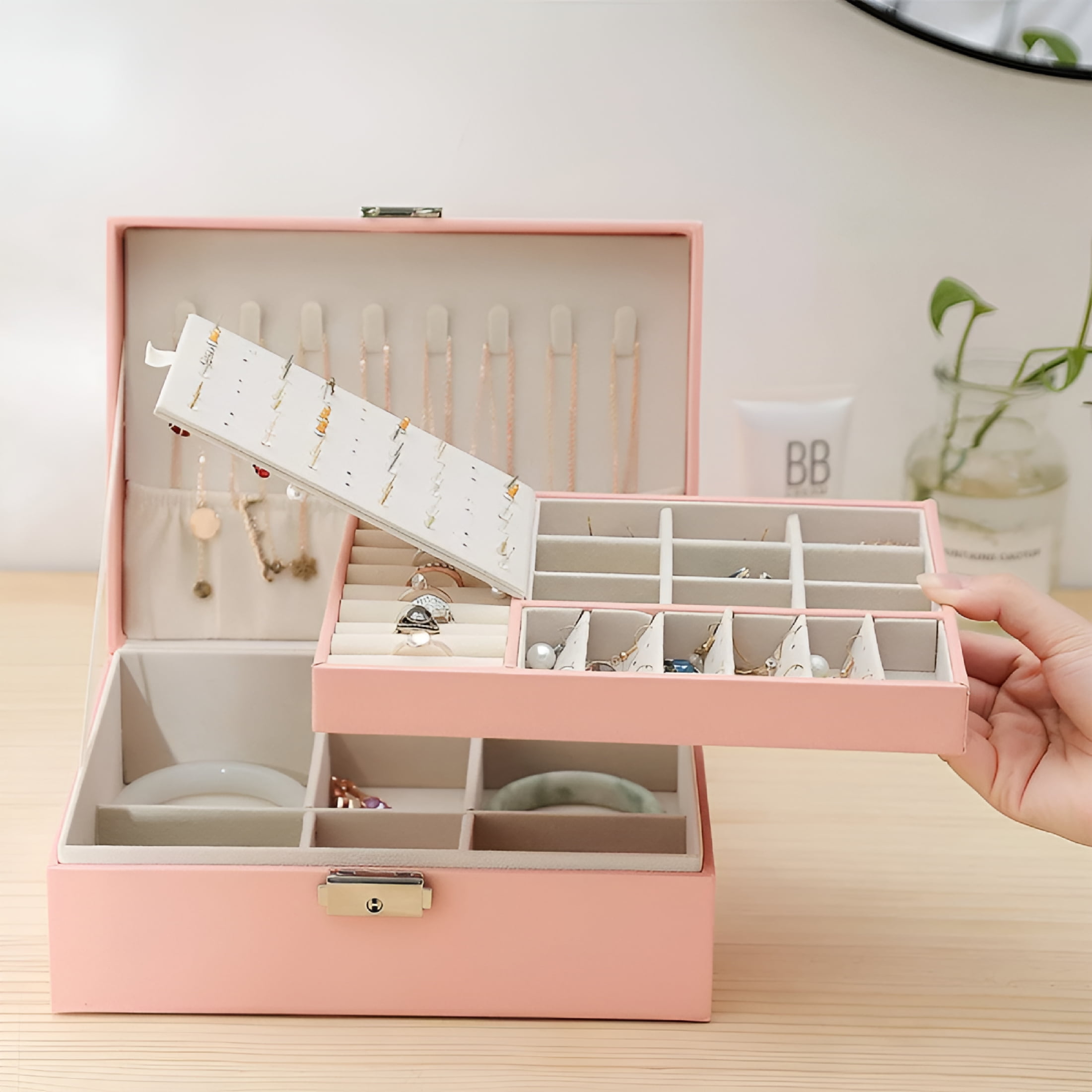 DESIGNICE Jewelry Organizer Box, Elegant Durable Pu Leather, Wooden Frame Construction, Anti-Tarnish Beaded Flannel, for Women, Pink (2 Layers)