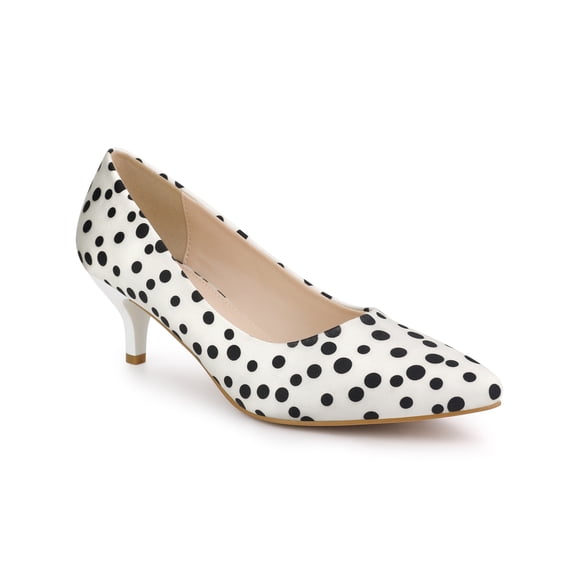 BLISSFUL STEP Edition Women's Shoes Polka Dot Kitten Heel Pumps Pointed Toe Slip-on Heels White 7