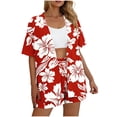 thumbnail image 3 of 2 Piece Outfits for Women Summer Trendy Floral Printed Short Sleeve Cardigan Shirt & Shorts Hawaiian Beach Sets (XL, Red), 3 of 7