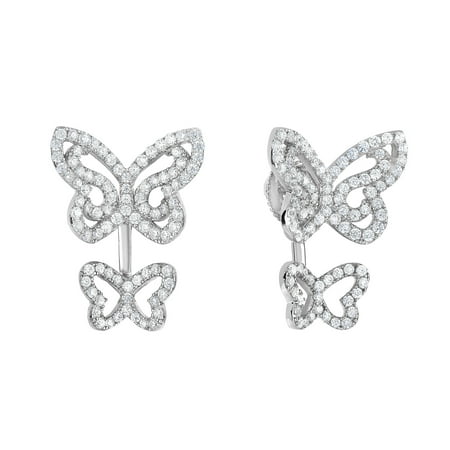 Tilo Jewelry Solid 925 Sterling Silver Butterfly CZ Ear Jacket Stud Earrings | Everyday Earrings for Women & Unisex