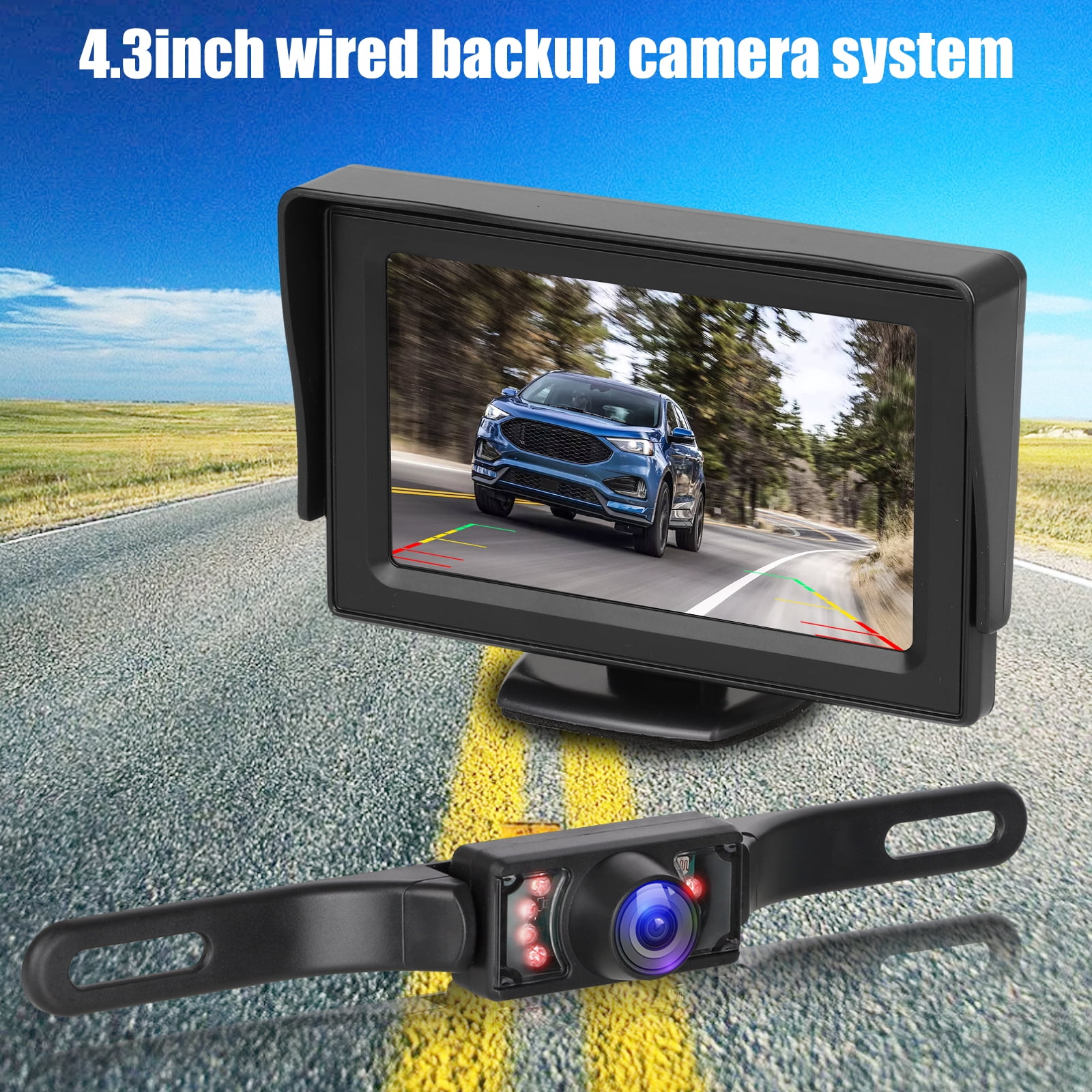 Regetek 4.3 HD 1080P Digital Backup Camera System LCD Monitor with License Plate Rear/Front View Camera Observation System for Cars SUV Van Mini RV Waterproof Super Night Vision DIY Grid Lines 