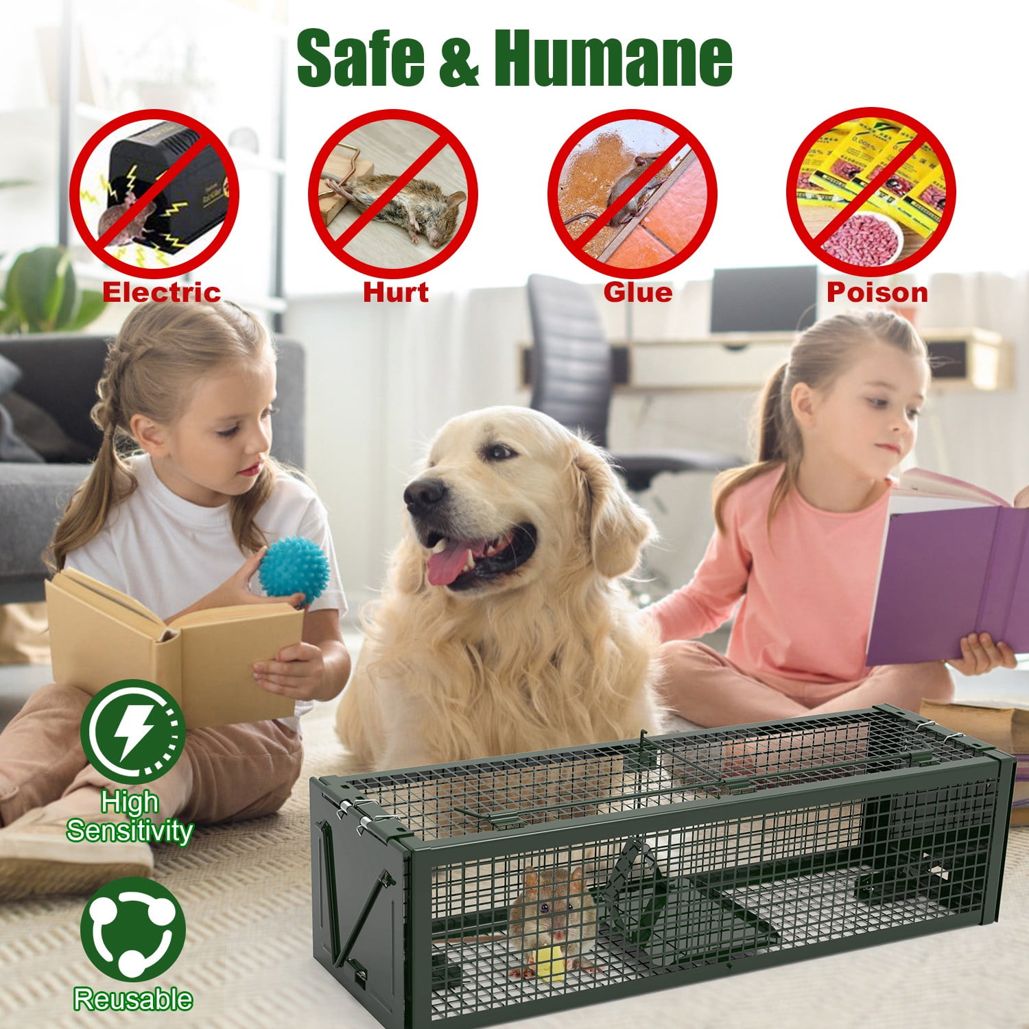 Teqhome 2Pack 15.35x4.72x3.94in Mouse Traps for Home Humane Mouse Traps 2-Door Galvanized Iron Reusable Humane Live Rat Trap for Home Garden Farm （ArmyGreen）