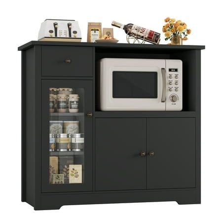 Homfa Microwave Cabinet with Hutch, Kitchen Pantry Cabinet Sideboard with Adjustable Shelves and Drawer for Dining Room, Black