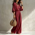 thumbnail image 4 of Clossjun Linen Sets for Women Dressy Casual Cozy Outfits 3/4 Sleeve Top & Wide Leg Pants Fall Vacation Lounge Sets for Work Out Teacher 2XL, 4 of 6