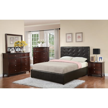Espresso Upholstery - Modern Espresso Tufted Upholstery High Headboard Design Storage Queen Size Bed w Matching Dresser Mirror Nightstand