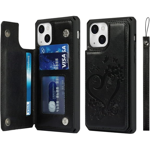 for iPhone 13 Wallet Case with RFID Blocking Card Holder,Premium PU Leather Magnetic Buttons Stand Flip Wrist Strap Shockproof Case for iPhone 13 6.1 Inch,Heart Black