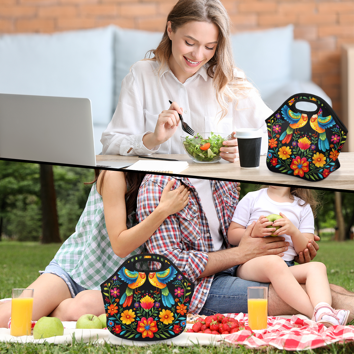 Herdesigns Boho Bird Neoprene Lunch Bag, Colorful Flower Insulated Lunch Box for Women Men Washable Lunch Tote Soft Lunch Container With Zipper for Work Picnic Travel