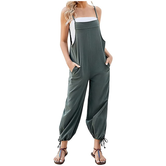 Timegard Rompers for Women Adjustable Spaghetti Strap Cinch Bottom Baggy Overalls Casual Jumpsuit with Pockets