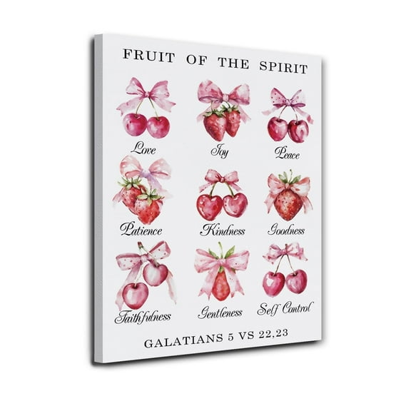 Fruit of the Spirit Christian Canvas poster Wall Art Bible Verses Wall Decor, Coquette Room Decor, Pink Bow Strawberry Christian Bible Poster Prints for Girls Bedroom Wall
