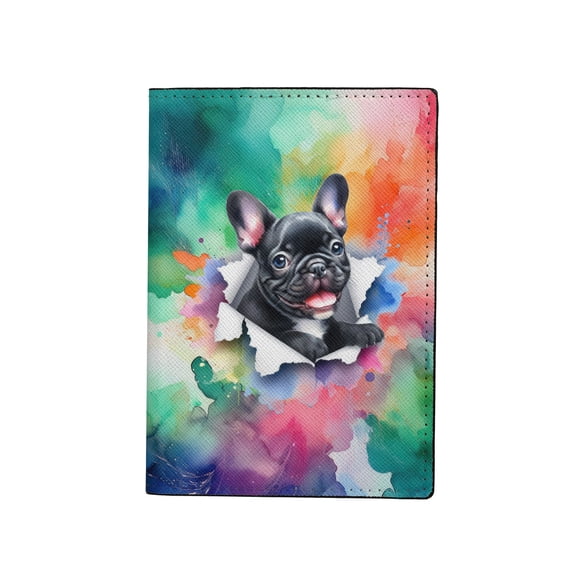 Funny Watercolor Adorable French Bulldog Peeking Through Torn Paper Effect Travel Passport Wallet Dog Lover Gifts PU Leather Passport Holder Cover - 00026