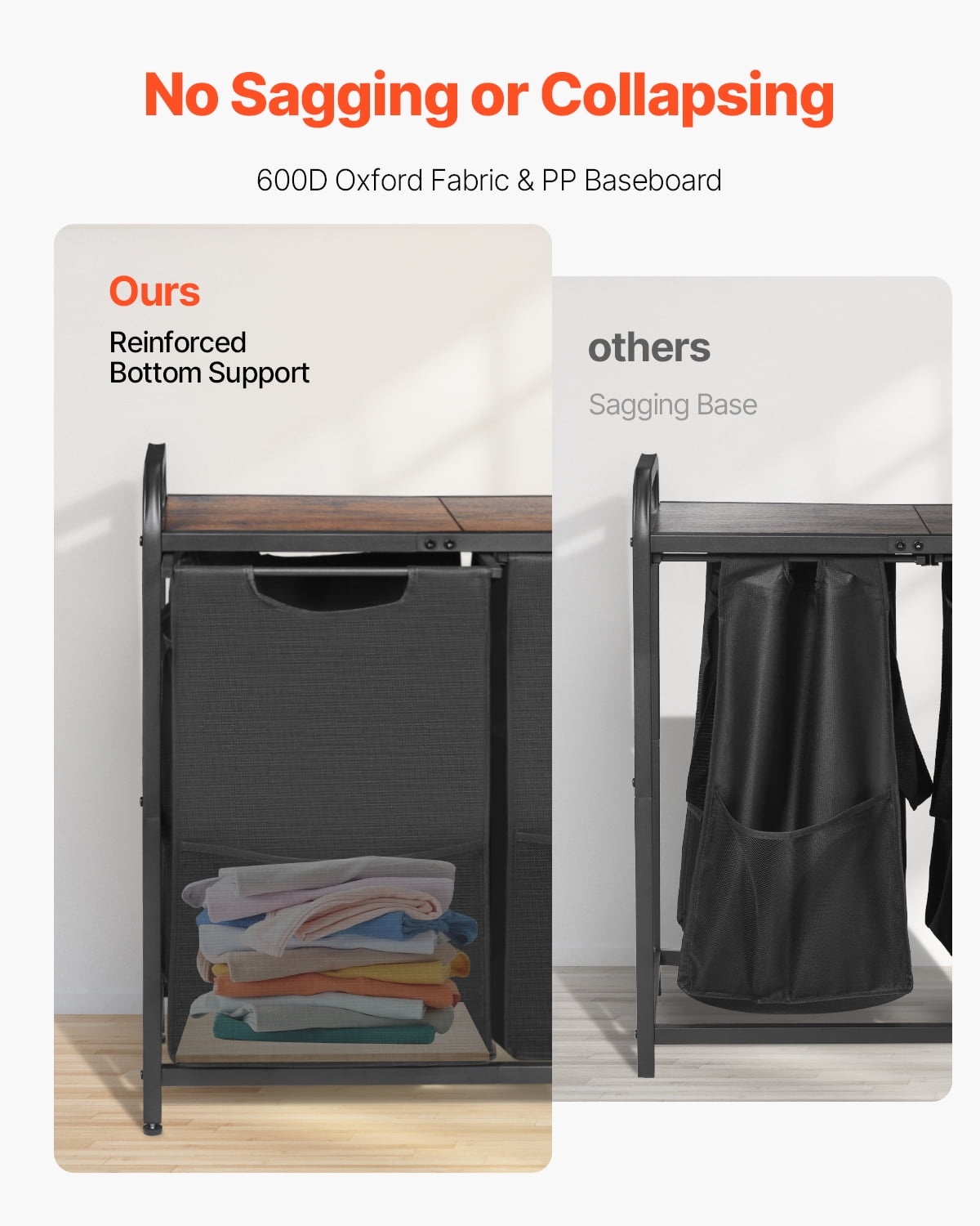 VEVOR 2 Section Laundry Sorter, Large Laundry Hamper with Metal Frame and Wooden Tabletop, Freestanding Storage Organizer Baskets with Pull-Out 600D Oxford Cloth Bags for Dirty Clothes, Bathroom