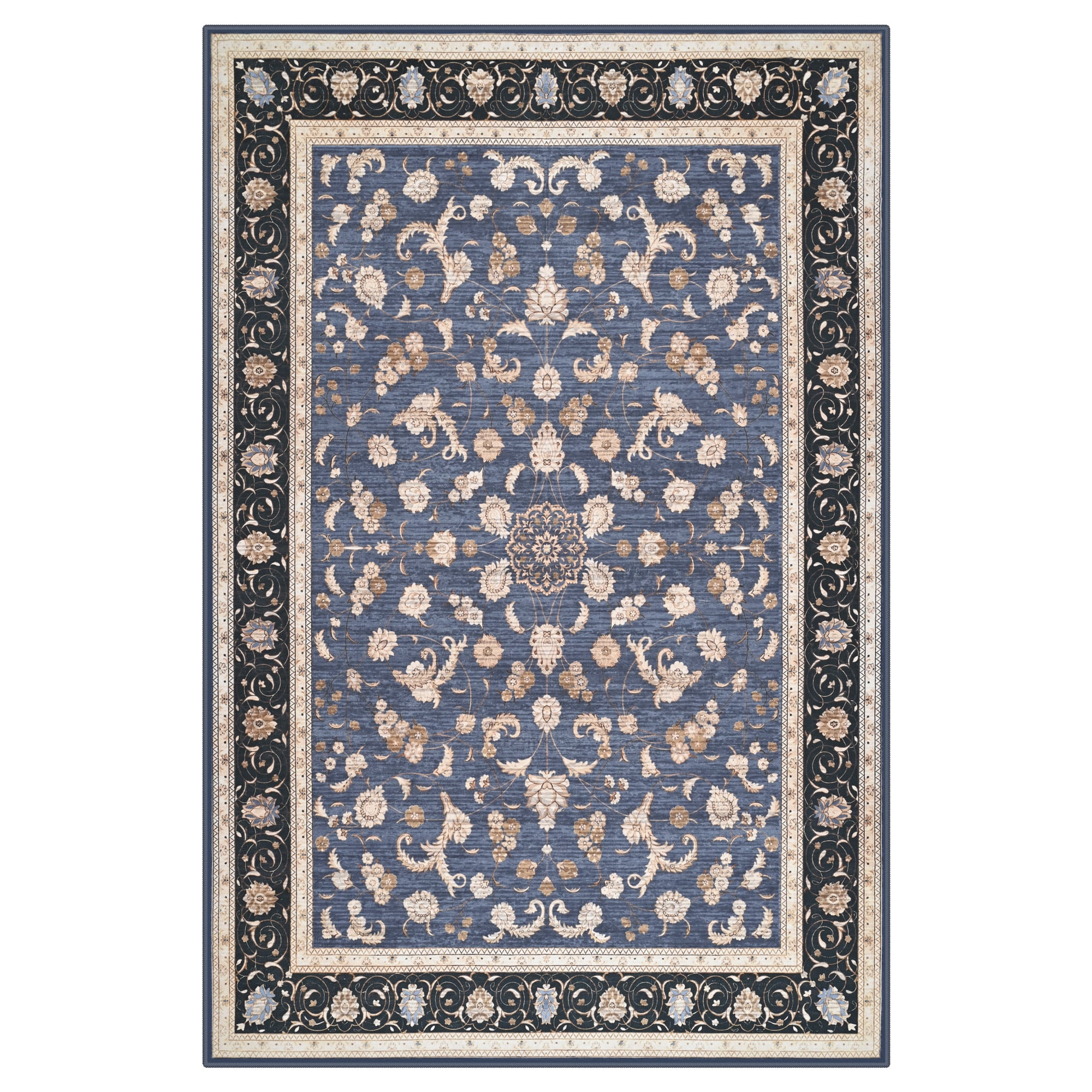 Astorug 5x8 Ft Blue Floral Area Rug - Machine Washable Low Pile Non-Slip Carpet, Boho Vintage Farmhouse Decor for Living Room, Bedroom, Nursery & Office
