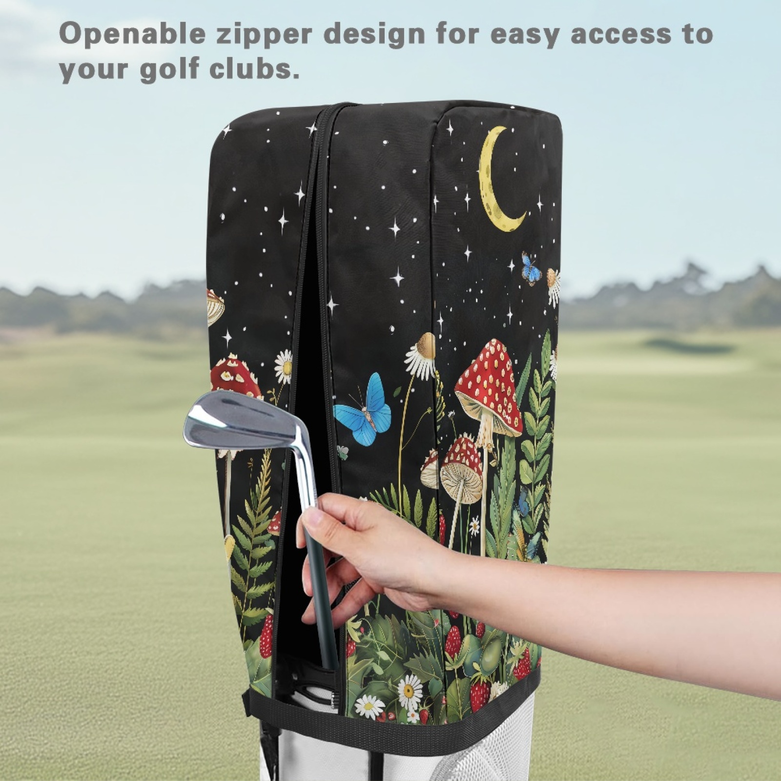 Yuyamidu Aesthetic Mushroom Golf Bag Cover Butterfly Golf Bag Umbrella for Clubs with Snap Button Dust and Sun Protection Fit Most Club Bags