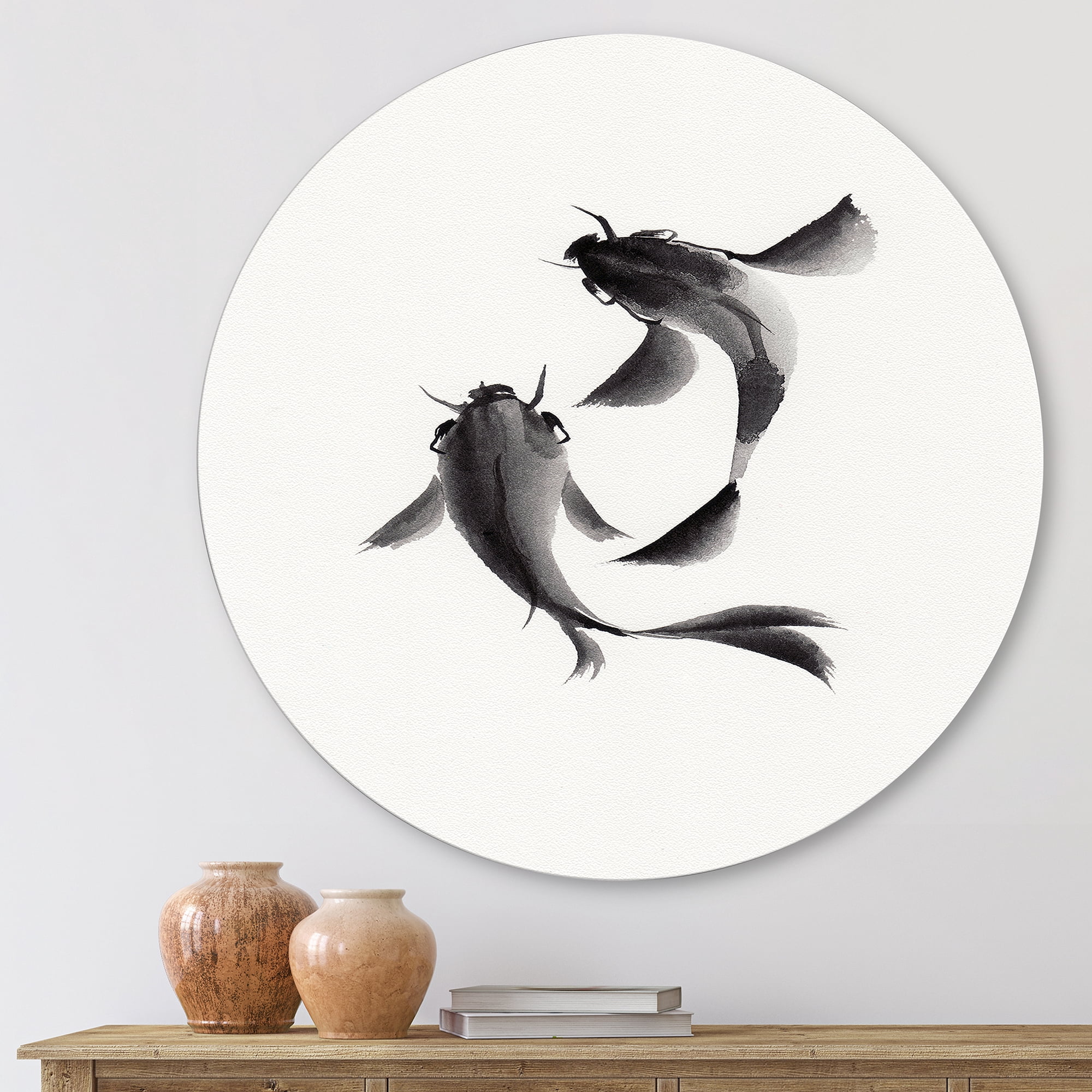 Designart 'Black and White Vintage Fish II' Nautical & Coastal Circle Metal Wall Art 11x11 - Disc of 11