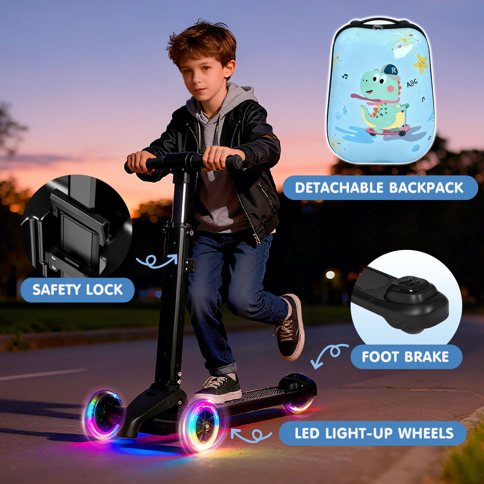 Kids Scooter Suitcase with LED Wheels, Foldable Detachable Ride-On Travel Luggage, Light Blue