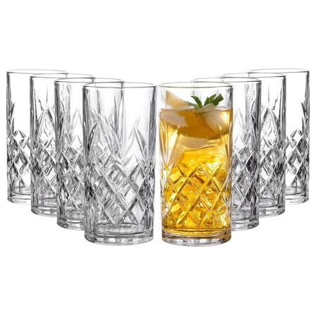 Kinsley Tall Highball Glasses Set of 8, 12 Ounce Cups, Textured Designer Glassware for Drinking Water, Beer, or Soda, Trendy and Dishware, Dishwasher Safe (Hiball)