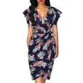 thumbnail image 1 of DYMADE Women V-neck Slim Pleated Flare Sleeve Printed Dress, 1 of 4