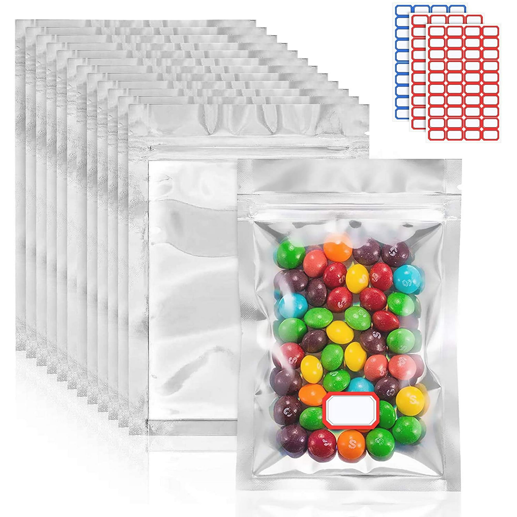 100 Pieces Mylar Bag for Food Storage Resealable Foil Ziplock Bags with 120 Label Stickers Smell Proof Bags Packaging Bags for Self Sealing Storage Supplies 4.72in 7.87in Walmart