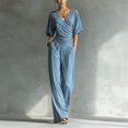 thumbnail image 2 of JULMCOMO Jumpsuits for Women Deep V Neck Cold Shoulder Casual Rompers Half Sleeve Cinched Waist Wide Leg Summer Jumpsuit with Pockets Sky Blue L, 2 of 5