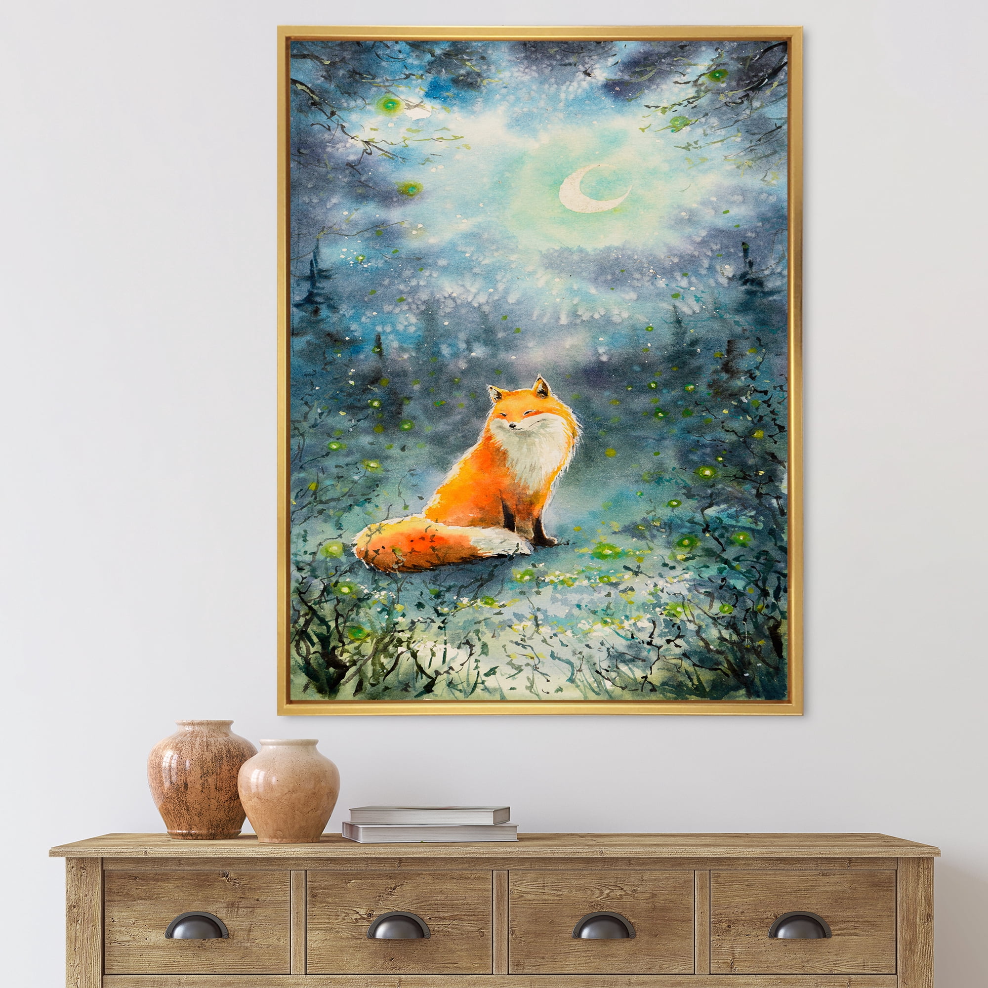 Designart 'Fox Over A Night Sky With Moon' Children's Art Framed Canvas Wall Art Print