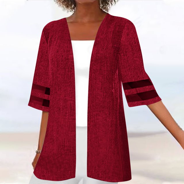 ESSSUT Femmes Casual Tops Femmes Tendances Cardigan jusqu'à Casual Couleur Unie Demi Manches Hoodeless Tops Rouge S