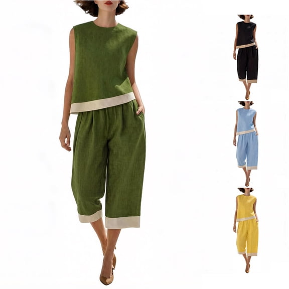 DHFJKG Linen Sets For Women 2 Piece Summer Outfit Sleeveless Color Block Loose Fit Tank Top And Capri Pants Set Beach Vacation Outfits