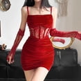 thumbnail image 2 of Vestido gótico de terciopelo oscuro fruncido, elegante, con corsé, parches de encaje gótico, vestido de fiesta transparente con tirantes, rojo y negro, ropa sin espalda para mujer, 2 of 6