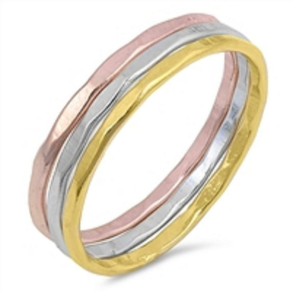 Sterling Silver Tri Tone Hammered Band Set Ring