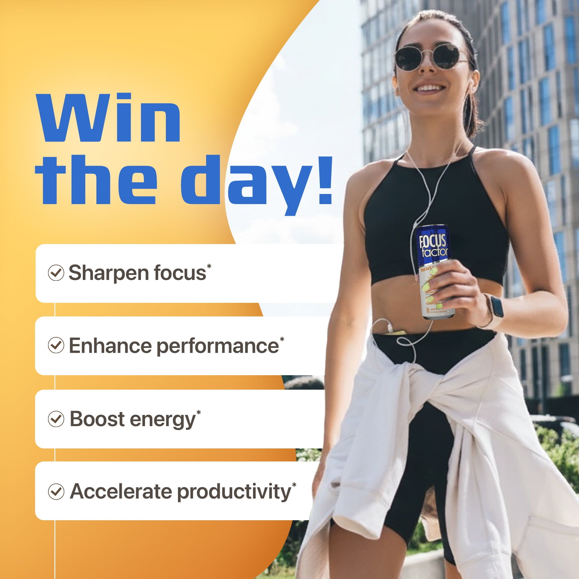 Focus Factor Energy Drink - 12 x 355ml Cans (Orange Flavor) - with Focus + Energy - Sugar Free, Low Calorie with Vitamin B6 & Vitamin B12