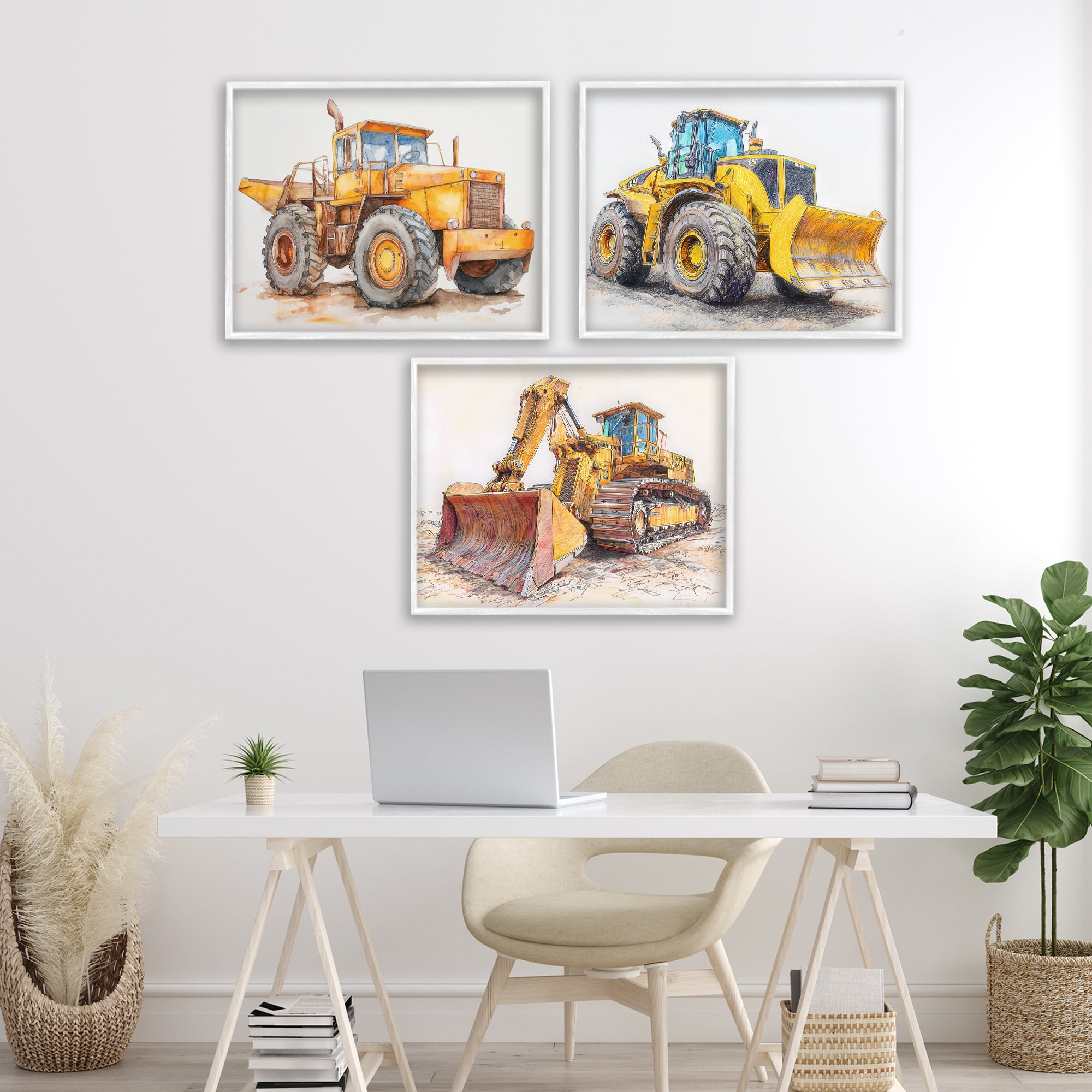 Stupell Industries Various Construction Trio 3 Piece White Framed Giclee Art Set, design by Steve Hunziker