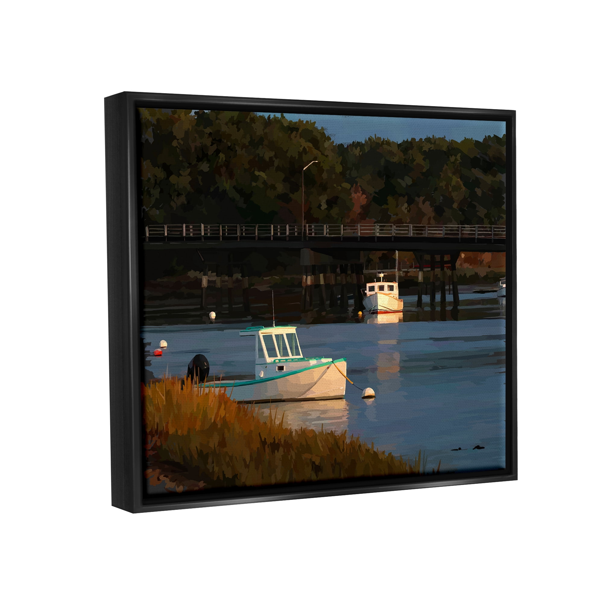Stupell Industries Boats Under Bridge River Scenery Coastal Photography Black Floater Framed Art Print Wall Art